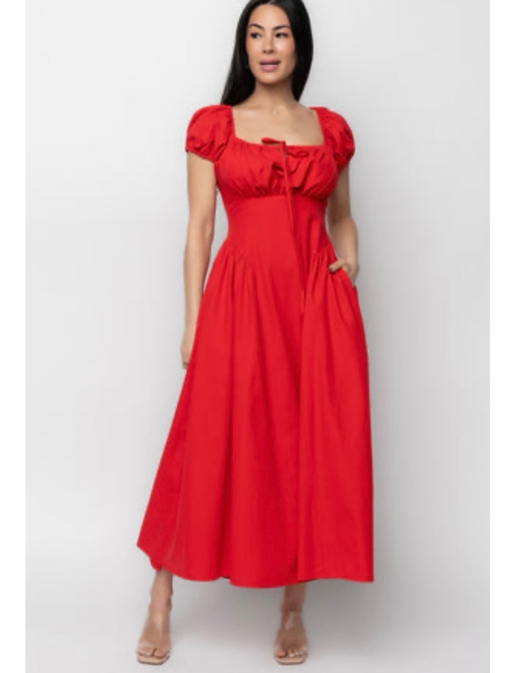 Baltic Born Red Puff-Sleeve Maxi Dress with Tie-Front